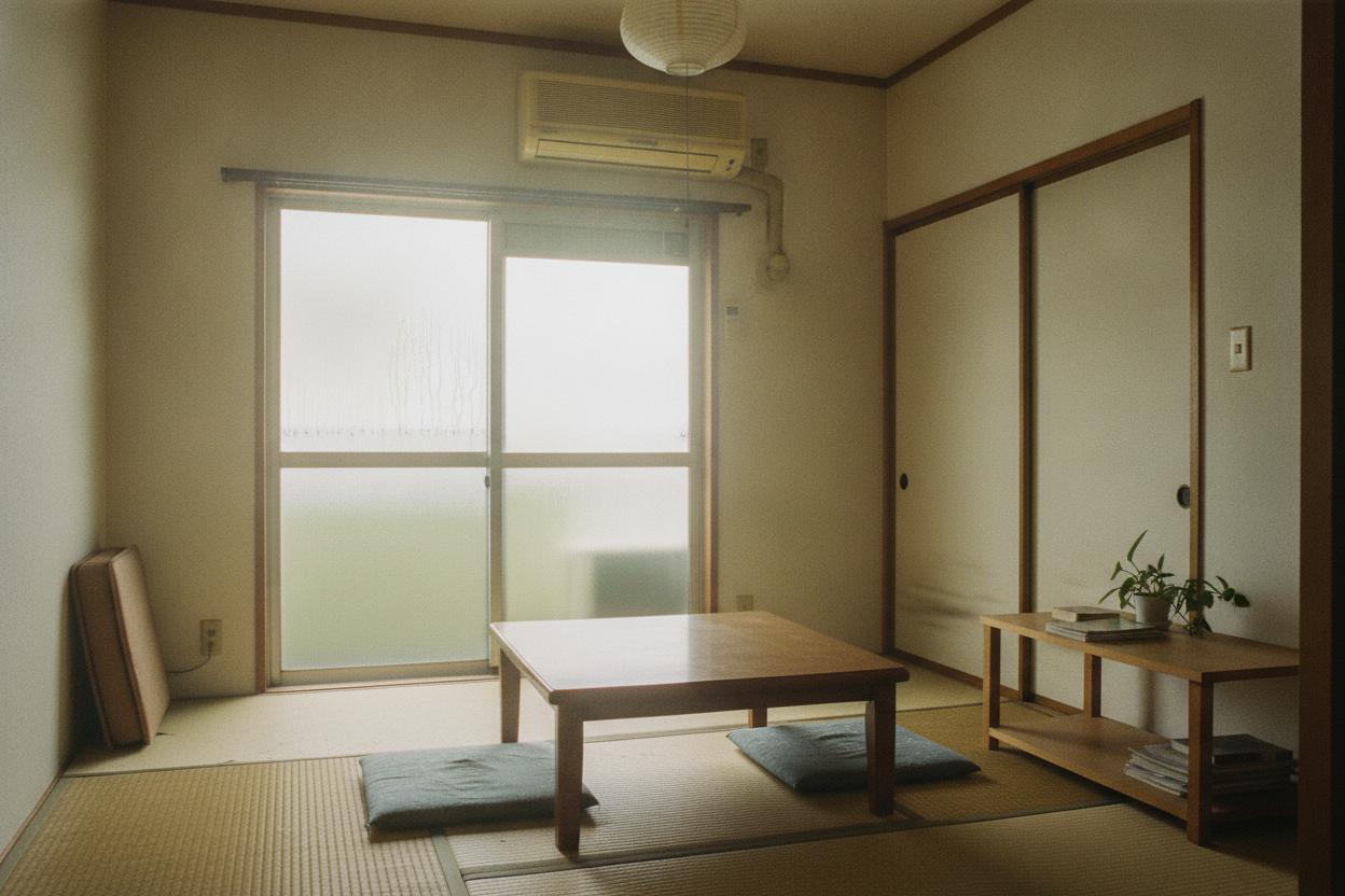 Interior of a Japanese apartment showing tatami mats and wall-mounted AC unit
