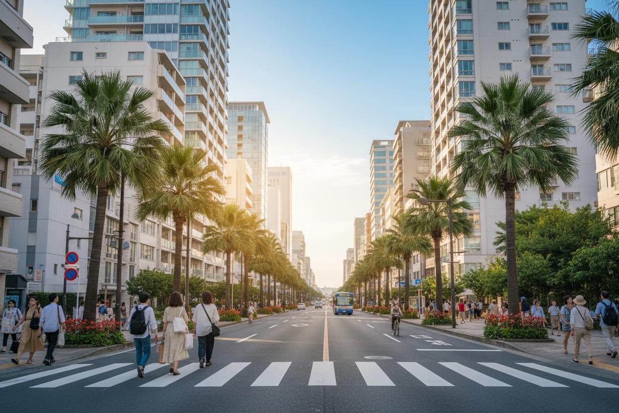 Fukuoka city street with palm trees and modern apartment buildings