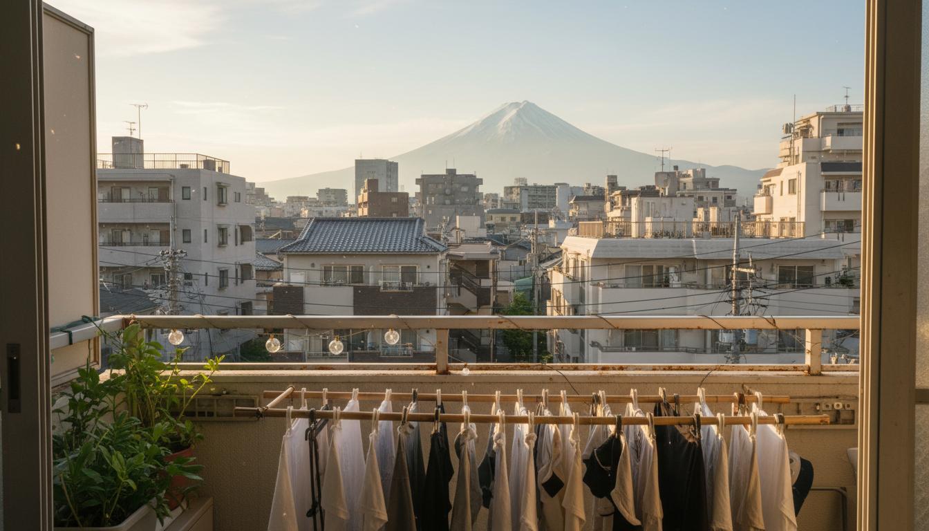 Tokyo apartment balcony with laundry drying and Mount Fuji visible in the distance