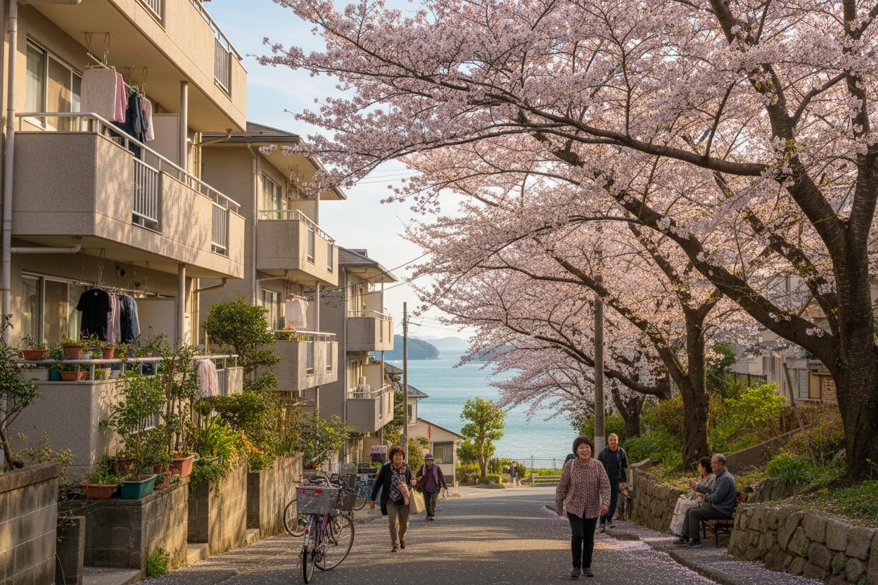 Hiroshima residential street with cherry blossoms and mild climate