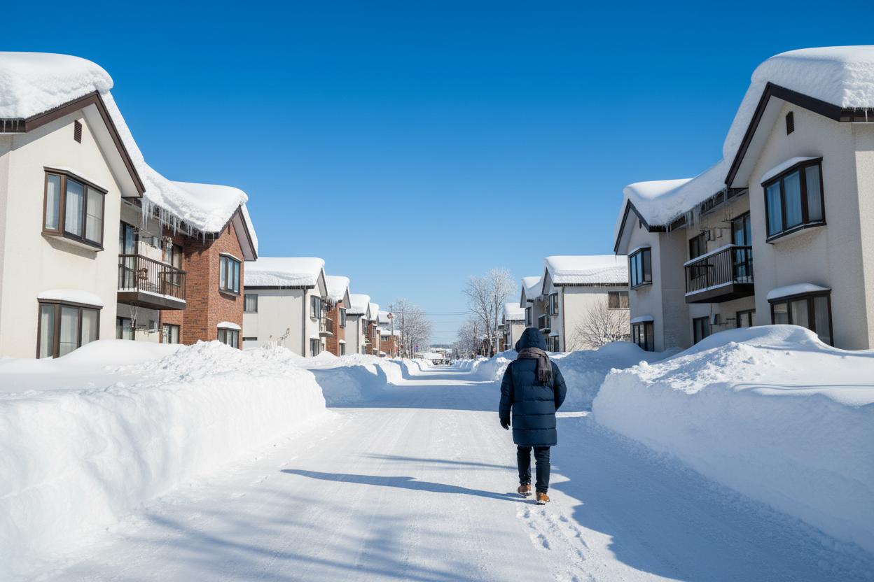 Snowy Sapporo residential street with apartment buildings and clear blue sky