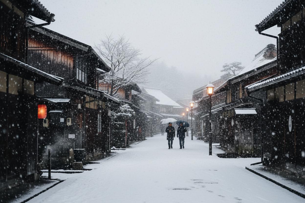 Heavy snow on traditional Japanese buildings in Kanazawa
