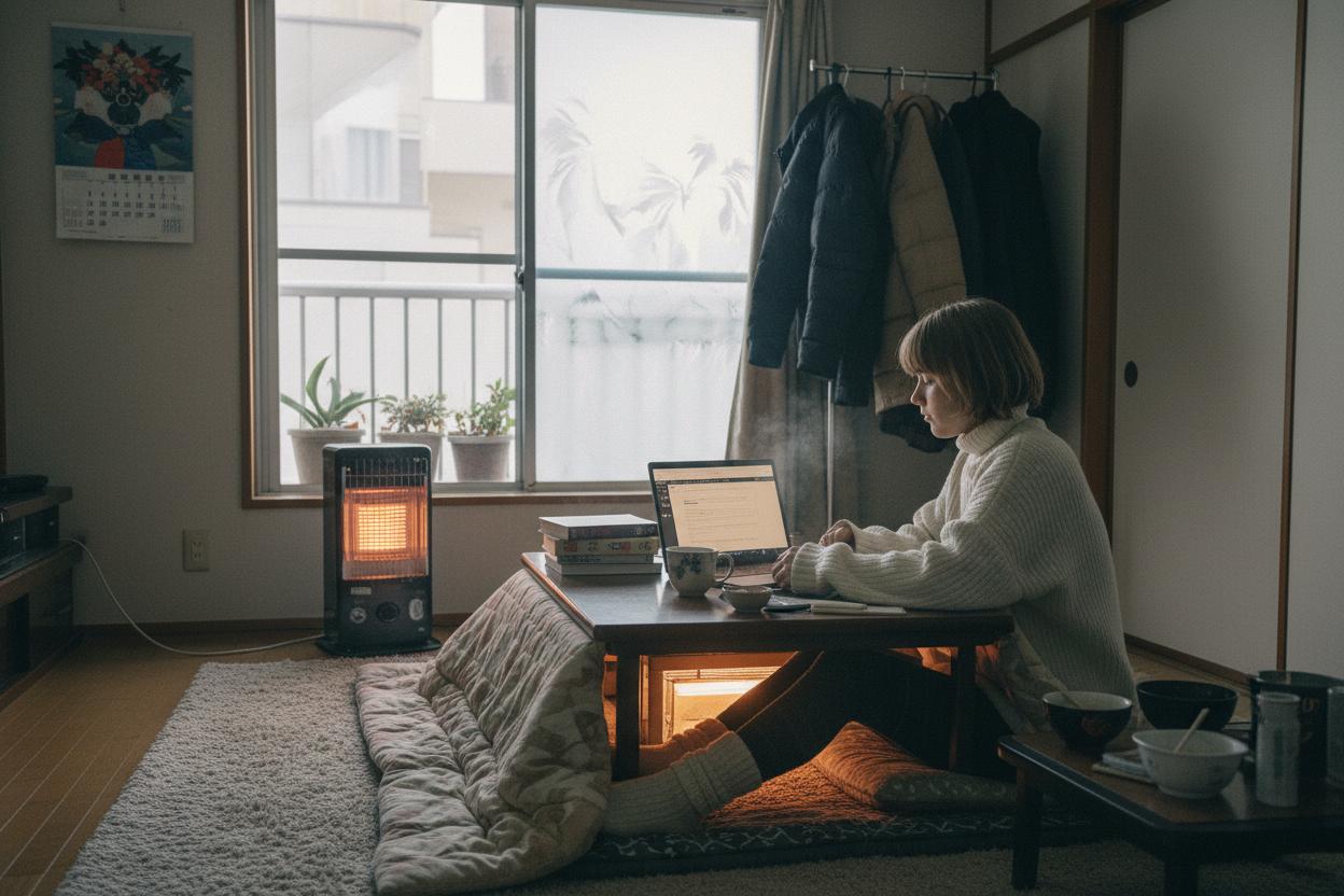 Person working at a kotatsu heated table in a Japanese apartment during winter