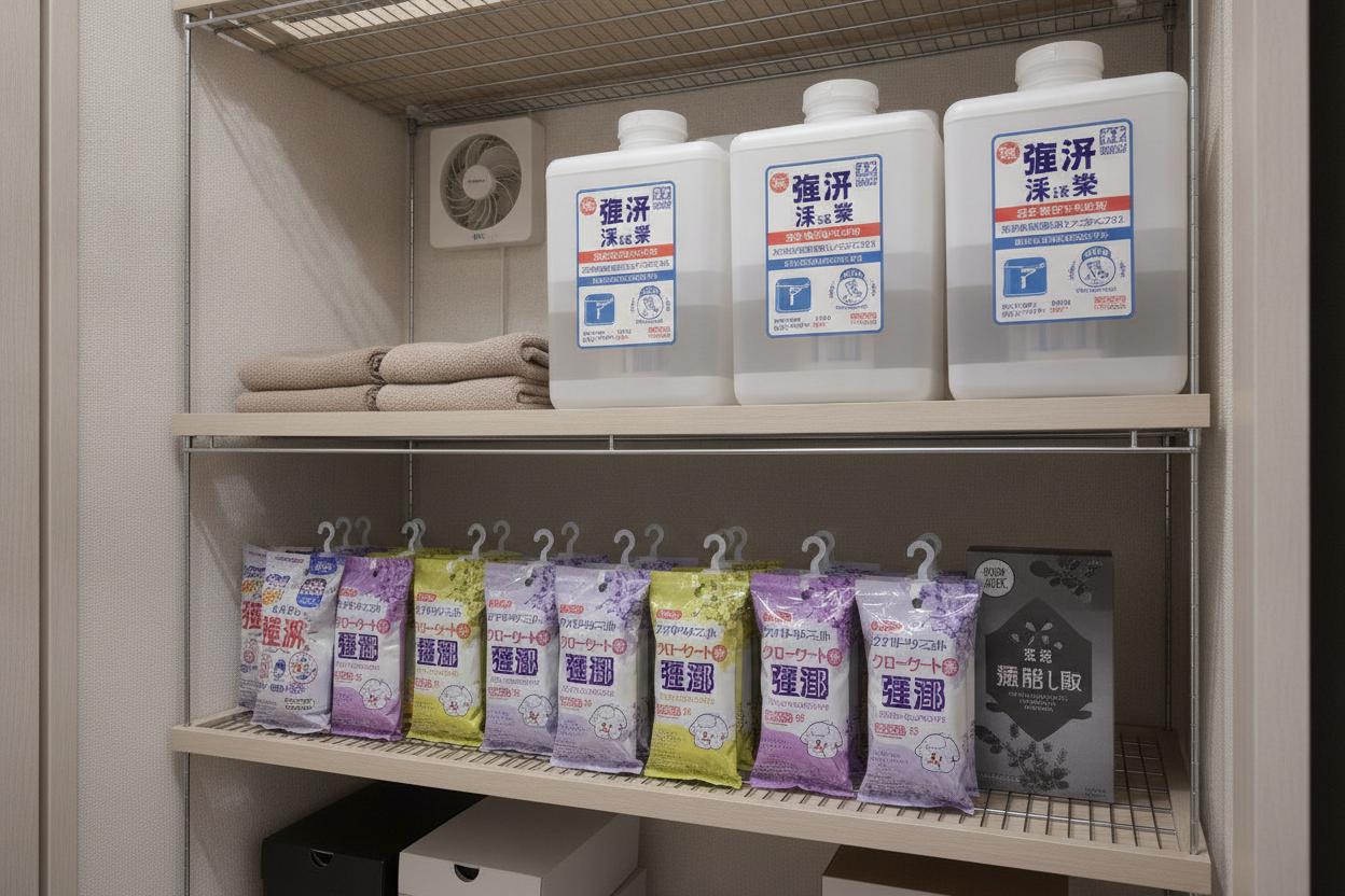 Moisture absorbers and dehumidifier supplies on shelves in a Japanese apartment