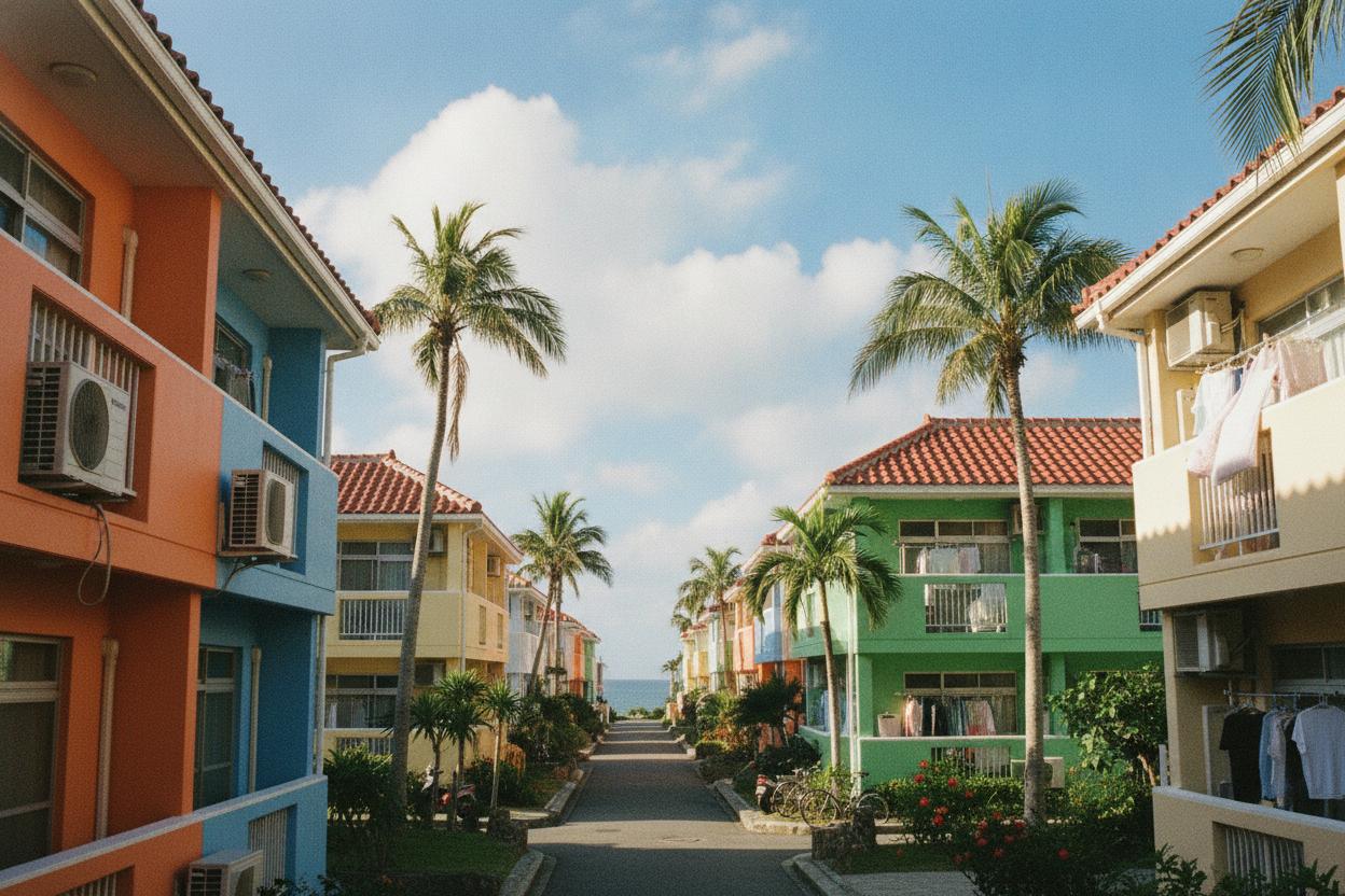 Colorful apartment buildings in Okinawa with palm trees and warm weather