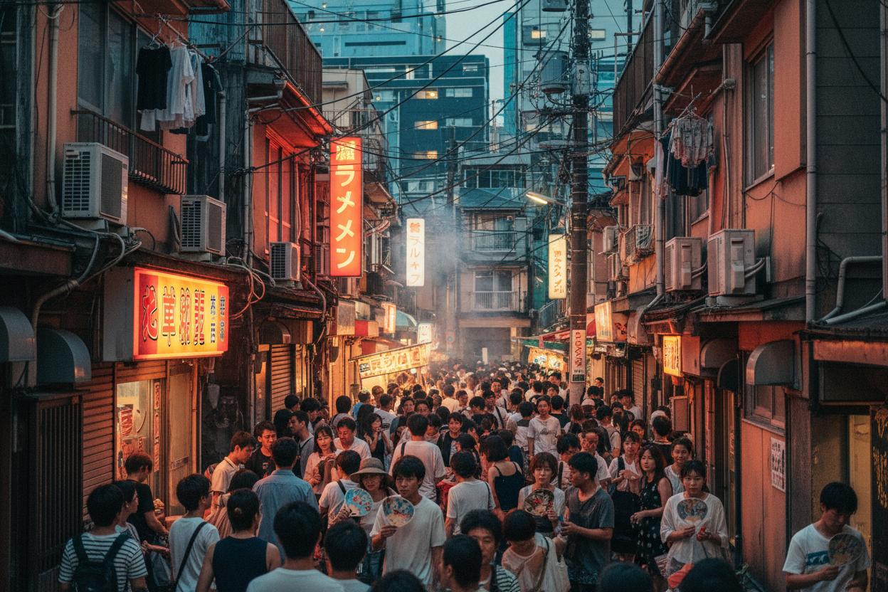 Busy Osaka street in summer with neon signs and crowds