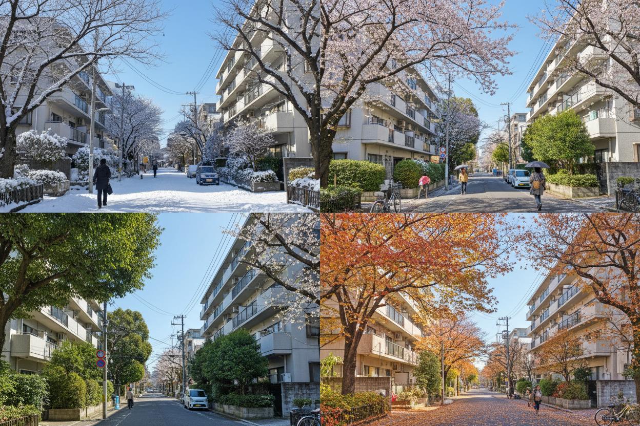Japanese residential street in autumn showing seasonal change