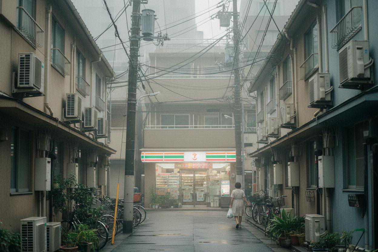 Narrow Tokyo residential street in humid summer with AC units on apartment buildings