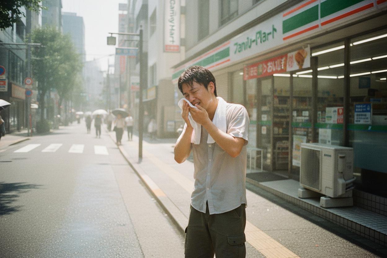 Person wiping sweat in Tokyo summer heat outside a convenience store